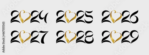 Set of elegant black and gold numbers from 2024 to 2029. Calendar title for 2025, 2026, 2027 and 2028 new year. Creative icons. Graphic collection. Isolated elements. Hand drawn style shiny heart. photo