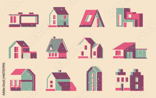 Riso houses printing. Postcard village houses with roofs and windows, cute urban home vintage print with front and side view. Vector isolated set. Countryside outdoor cottage or mansion