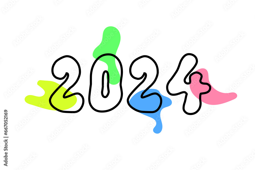 2024 as abstract design concept with number outline and colorful paint splat, blob, splash as fluid design element. 2024 as abstract design concept with number outline and colorful paint splat, blob, splash as fluid design element.