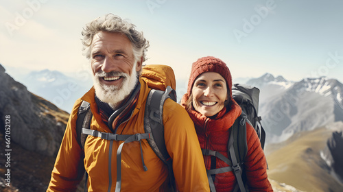Seniors hiking to the peak of a mountain
