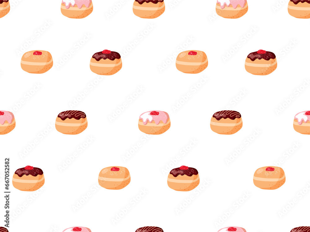 Bakery doughnut Seamless pattern. Cartoon flat vector illustration. Traditional food for Jewish Holiday Hanukkah. Jewish Festival Repeated vector For wallpaper, wrapping, textile, scrapbooking