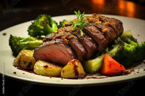 A delicious dish of seared meat accompanied by a variety of fresh veggies. Generative AI