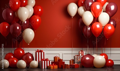 Christmas background decor with various balloons and socks on red floor