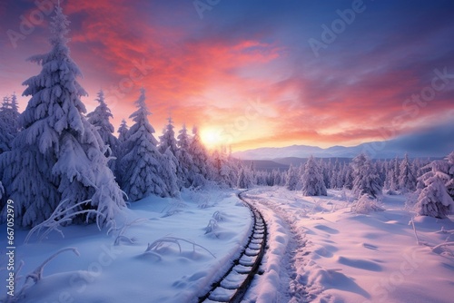 Snowy trees in winter, sunrise against cloudy sky, snow tracks. Generative AI © Calantha