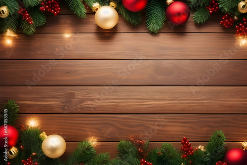 Christmas wood background, with xmas decoration element, with copy space, wallpaper, generative ai