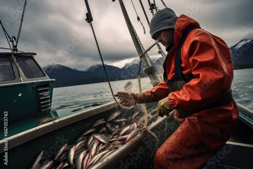 Alaska fisherman working on the boat catching fish.Fishing industry photo