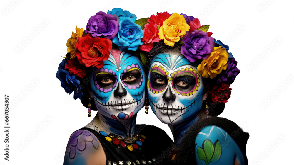 A Colorful Duo With Vibrant Dia de muertos Face Paint , Catrina style, transparent PNG