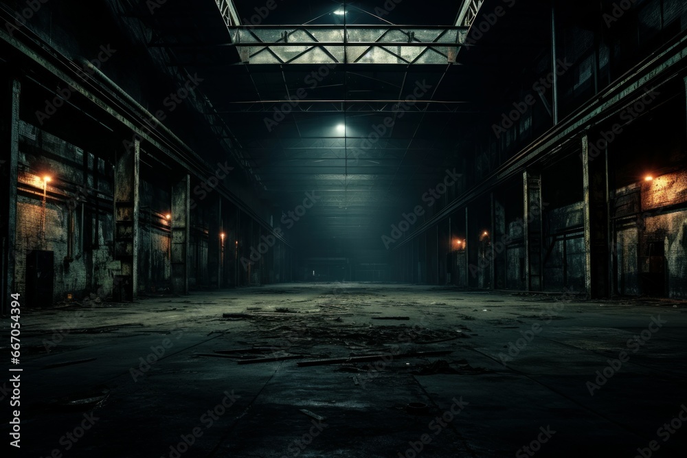 Desolate Dark empty warehouse. Hall inside floor. Generate Ai