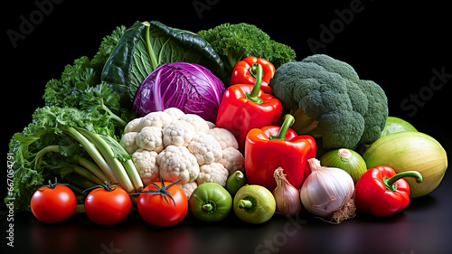 Composition with variety of raw organic vegetables on wooden table. Balanced diet. Food background. Healthy food. Generative AI technology. © Grycaj