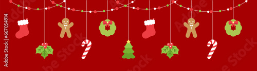Merry Christmas Border Banner, Hanging Ornaments Garland. Winter Holiday Season Header Decoration. Web Banner Template. Vector illustration.
