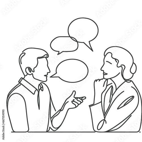 adult man and woman having conversation together - one line drawing with speech bubbles