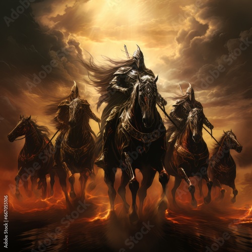 Black horsemen of apocalypse riding black horses AI