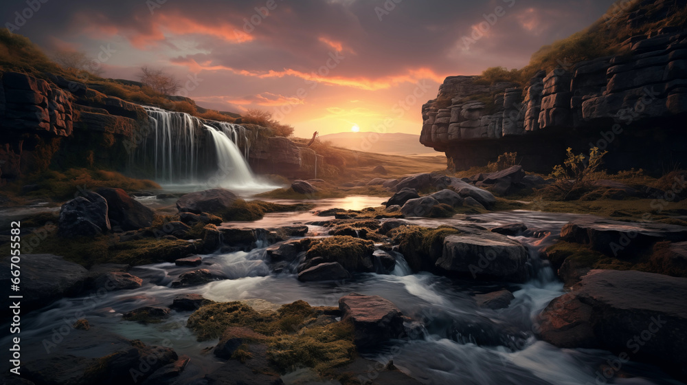 waterfall in the sunset