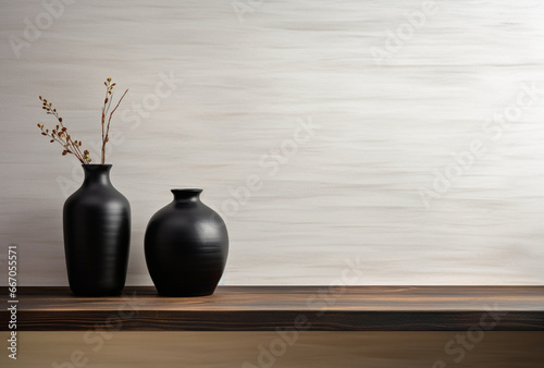 Black vase on wooden shelf against white background wall. AI Generated Images photo