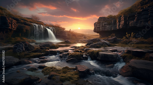 waterfall in the sunset