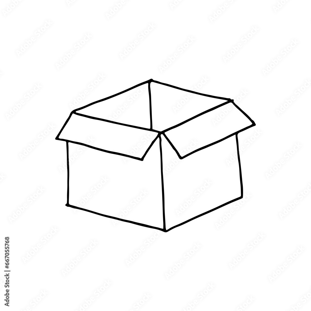 Cardboard box, open and empty. Doodle. Vector illustration. Hand drawn. Outline. Cardboard box, open and empty. Doodle. Vector illustration. Hand drawn. Outline.