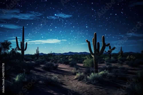 Mysterious Desert cactus night. Arizona space travel. Generate Ai