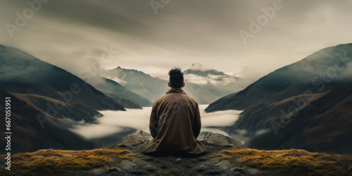 Man meditating yoga at mountains landscape. Travel Lifestyle relaxation emotional concept adventure summer vacations outdoor harmony with nature