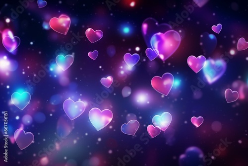 Abstract background texture with neon hearts, shooting star, comets, light speed, reflection path. Generative AI