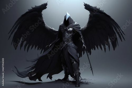 Epic fantasy character of dark assassin with black wings generative ai
