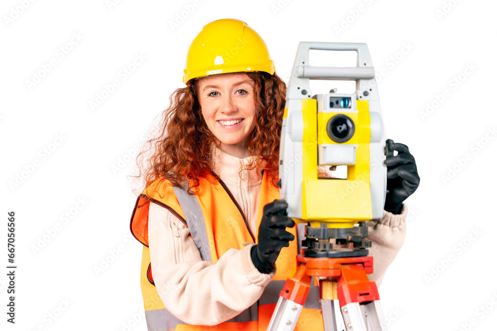 Construction site engineer woman in safety equipment working with surveying total station EDM instrument isolated on white background. Building, developing, construction and architecture concept Construction site engineer woman in safety equipment working with surveying total station EDM instrument isolated on white background. Building, developing, construction and architecture concept