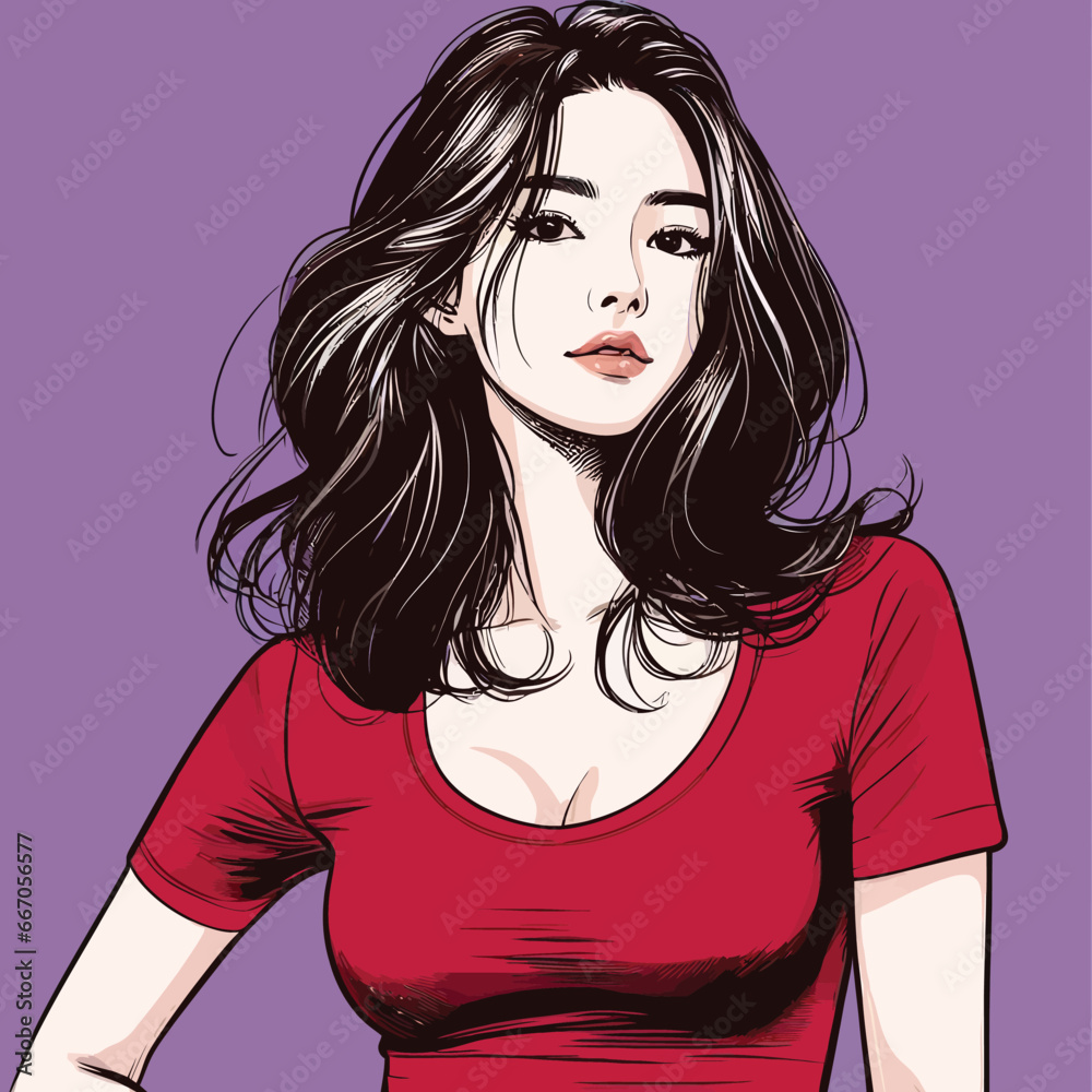 beautiful woman with perfect posing in red t-shirt on the purple background. Vector illustration beautiful woman with perfect posing in red t-shirt on the purple background. Vector illustration