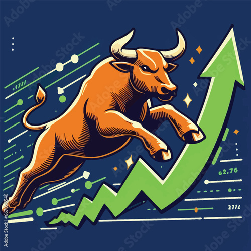 Bull run or bullish market trend in crypto currency or stocks. Trade exchange, green up arrow graph for increase in rates. Cryptocurrency price profit chart and blockchain. Global economy boom