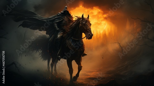 Black horseman of apocalypse riding black horse AI © Vitalii But