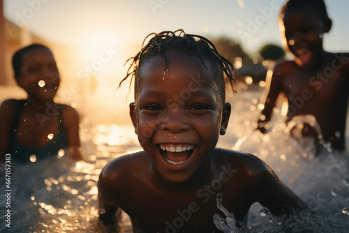 Garçons africains s'amusent dans l'eau photo