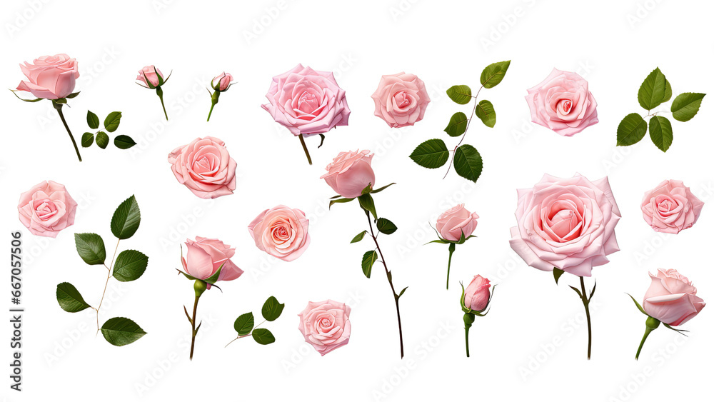 A collection, set of bunch of pink roses with green leaves , transparent PNG - obrazy, fototapety, plakaty 