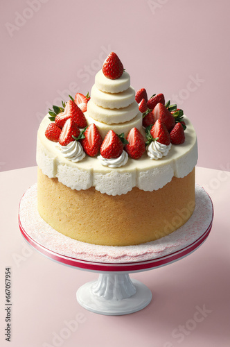 AI-created strawberry cake on a pink background in flat style. Perfect for food and drink blogs, websites, and social media.