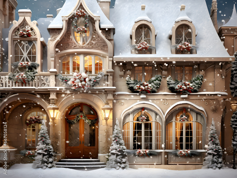 Obraz premium Christmas in the city with snow and decorations