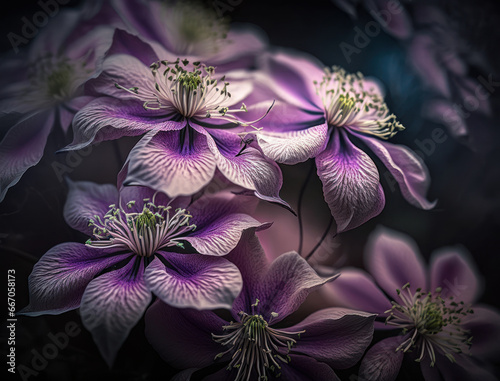 Fantasy clematis plants and glowing flowers background