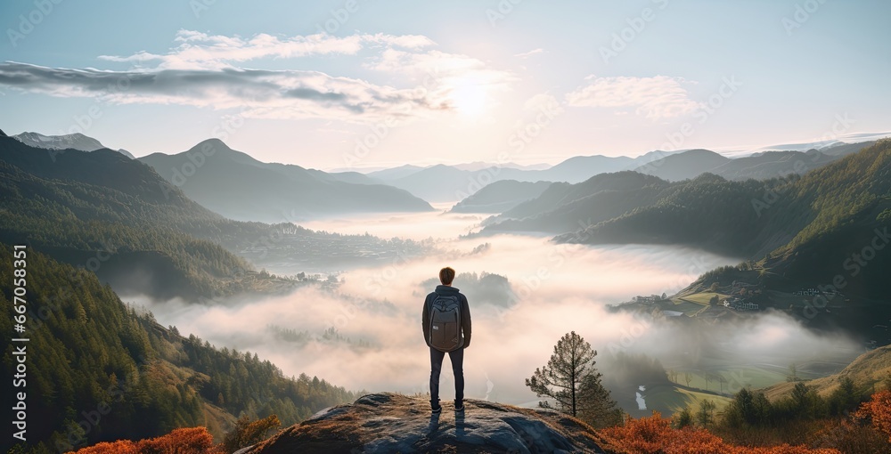 Young man standing on the top of the mountain - obrazy, fototapety, plakaty 