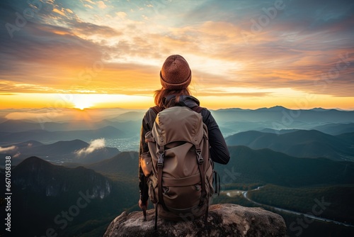 Women backpacker on mountain looking at sunrise and sky