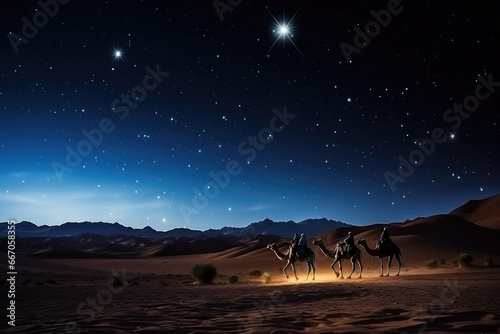 image of the wise men in the desert following the shooting star