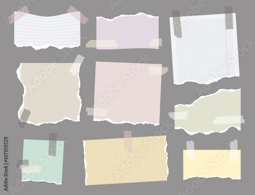 Ripped paper with sticky tape. Notepad with ruled pages and adhesive tape, vintage blank notecards with sticky notes. Vector isolated set of torn cardboard message illustration