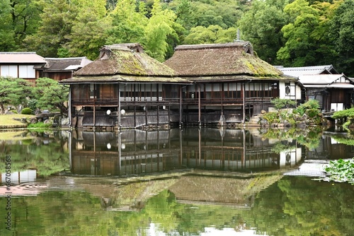 Japan tourist destination travel guide information. 'Hikone Castle' and 'Genkyuen (Japanese feudal lord's garden)'. Hikone City, Shiga Prefecture, Japan.
