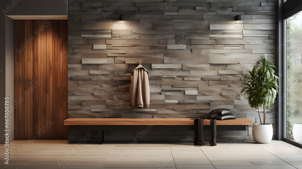 Stone and wood paneling wall in minimalist hallway. Luxury home ...