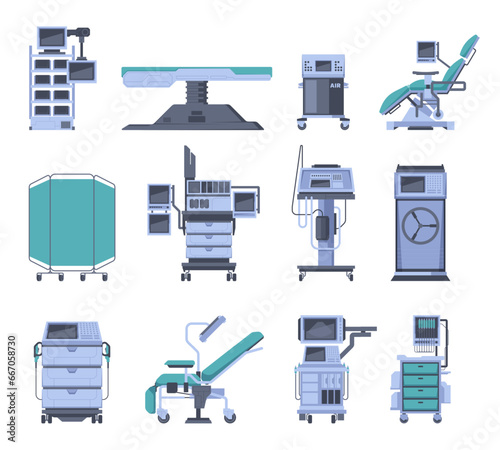 Medical diagnostic equipment. Medical laboratory elements, doctor patient room tools, health care technology cartoon style. Vector set of laboratory medicine equipment illustration