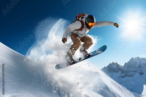 Snowboarder snowboarding on snowy mountain, extreme winter sport