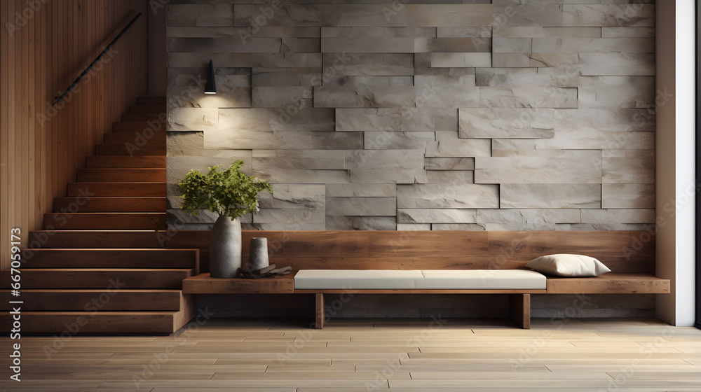 Stone and wood paneling wall in minimalist hallway. Luxury home ...