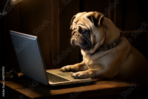 Intelligent Dog looking laptop. Animal cute pet. Generate Ai