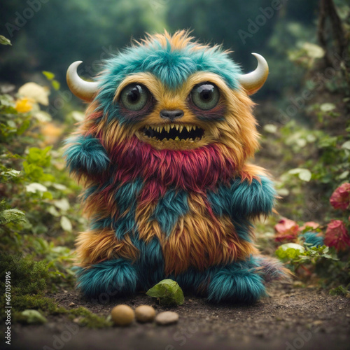 A cute monster with colorful fur and big eyes. in the forest.