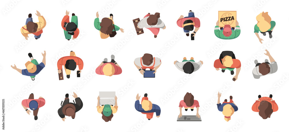 Obraz premium People top view. Cartoon persons heads from above, group of people walking on street, woman and men characters view. Vector flat illustration of character head top view