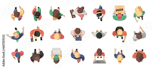 People top view. Cartoon persons heads from above  group of people walking on street  woman and men characters view. Vector flat illustration of character head top view