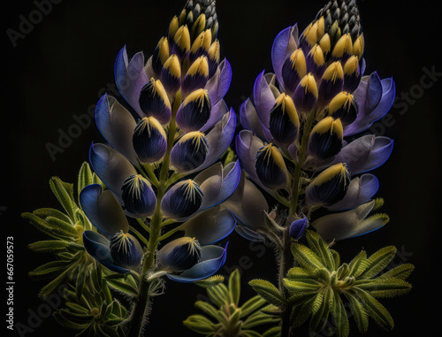 Fantasy lupine plants and glowing flowers background
