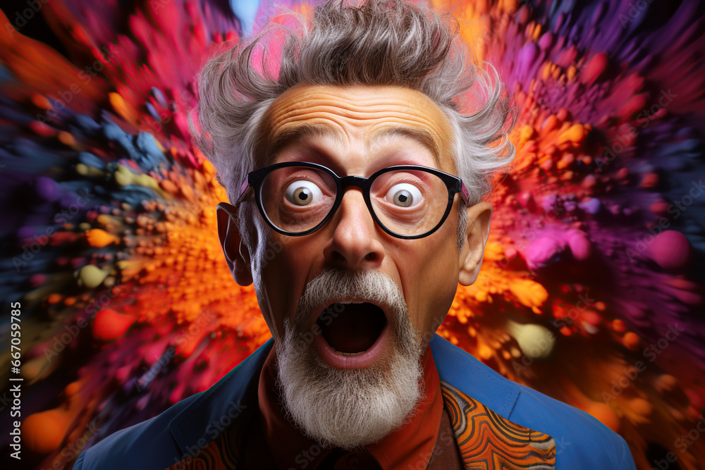 funny surprised happy old man in glasses on a bright multicolored hallucinogenic background from drugs