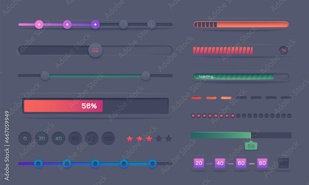 Progress bar set. Round and square loading indicators, step number indicator frames, loading screen elements. Vector modern UI elements collection of progress bar load illustration Progress bar set. Round and square loading indicators, step number indicator frames, loading screen elements. Vector modern UI elements collection of progress bar load illustration
