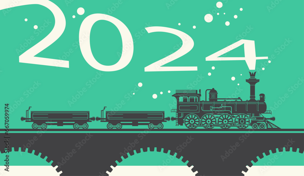 New Year card with a vintage steam locomotive train. Vector illustration - obrazy, fototapety, plakaty 